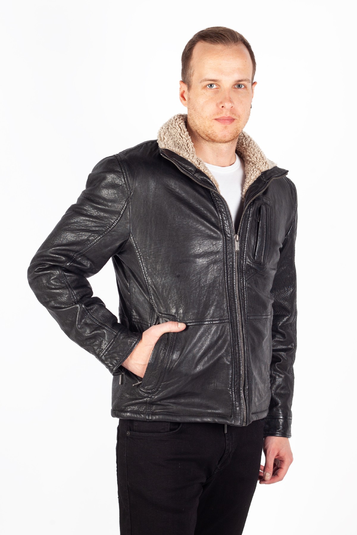 Odinė striukė su pamušalu DEERCRAFT 3701-0144-black-beige