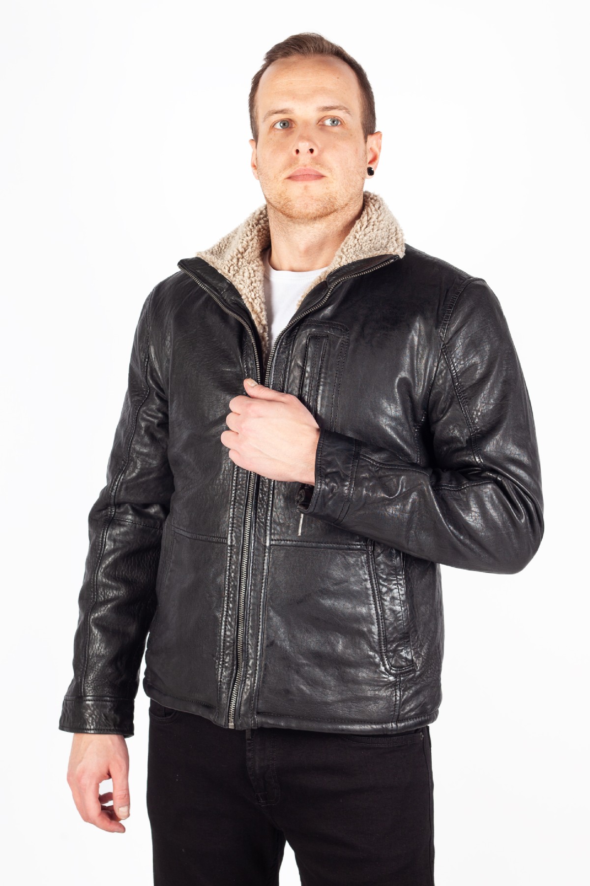 Odinė striukė su pamušalu DEERCRAFT 3701-0144-black-beige